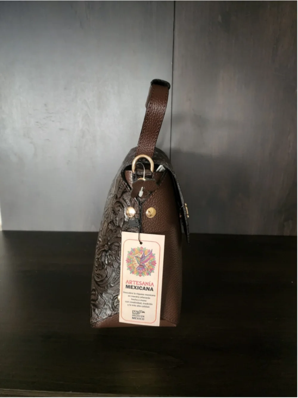 Chocolate Brown Floral Studded Embossed Artisan LEATHER Purse Handbag Crossbody